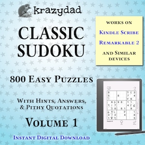 Krazydad Classic Sudoku, EASY Volume 1: 800 Sudoku Puzzles for Kindle Scribe or reMarkable 2 image 1