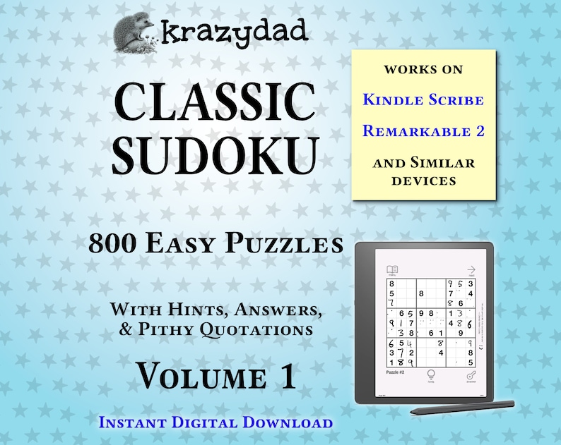 Krazydad Classic Sudoku, EASY Volume 1: 800 Sudoku Puzzles for Kindle Scribe or reMarkable 2 image 1