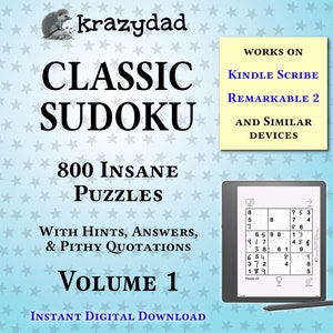 Krazydad Classic Sudoku, INSANE Volume 1: 800 Sudoku Puzzles for Kindle Scribe or reMarkable 2