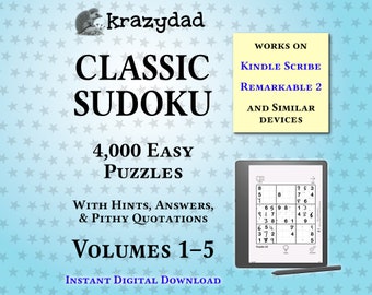 Krazydad Classic Sudoku, EASY Bundle, Volumes 1-5: 4,000 Sudoku Puzzles for Kindle Scribe or reMarkable 2