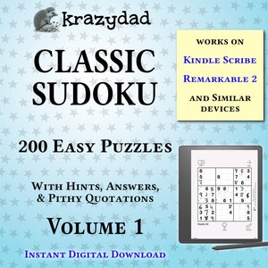 Krazydad Classic Sudoku, EASY Volume 1: 200 Sudoku Puzzles for Kindle Scribe or reMarkable 2