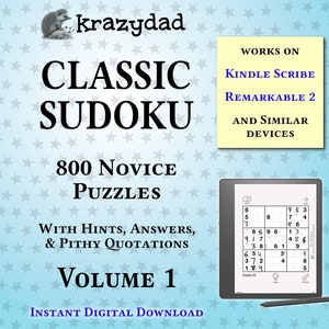 Krazydad Classic Sudoku, NOVICE Volume 1: 800 Sudoku Puzzles for Kindle Scribe or reMarkable 2 image 1