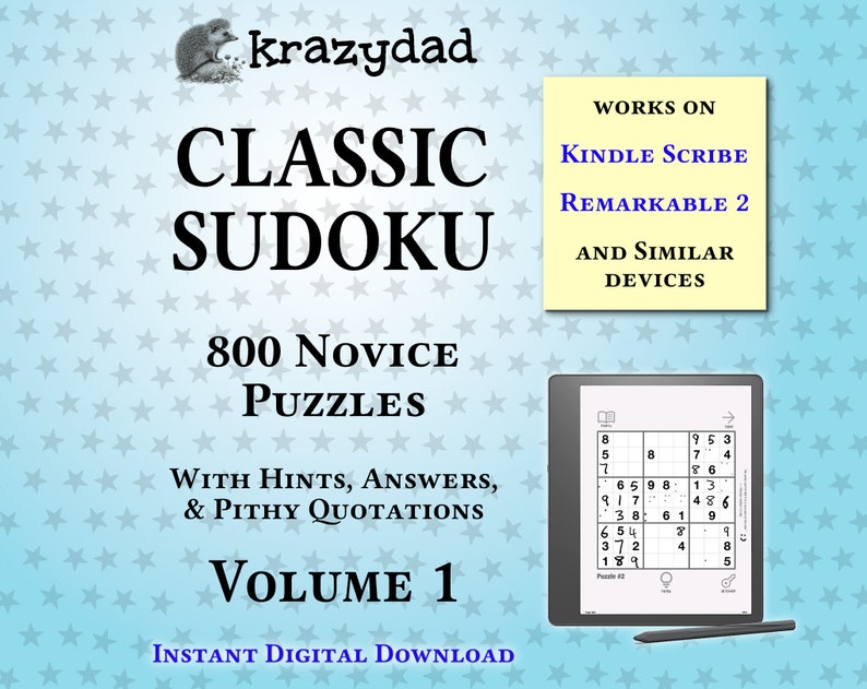 Krazydad Classic Sudoku, NOVICE Volume 1: 800 Sudoku Puzzles for Kindle Scribe or reMarkable 2 image 1