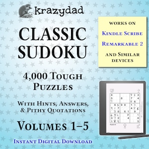 Krazydad Classic Sudoku, TOUGH Bundle, Volumes 1-5: 4,000 Sudoku Puzzles for Kindle Scribe or reMarkable 2