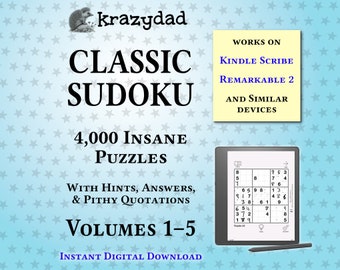 Krazydad Classic Sudoku, INSANE Bundle, Volumes 1-5: 4,000 Sudoku Puzzles for Kindle Scribe or reMarkable 2