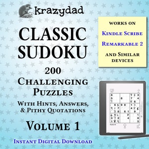 Krazydad Classic Sudoku, CHALLENGING Volume 1: 200 Sudoku Puzzles for Kindle Scribe or Remarkable 2