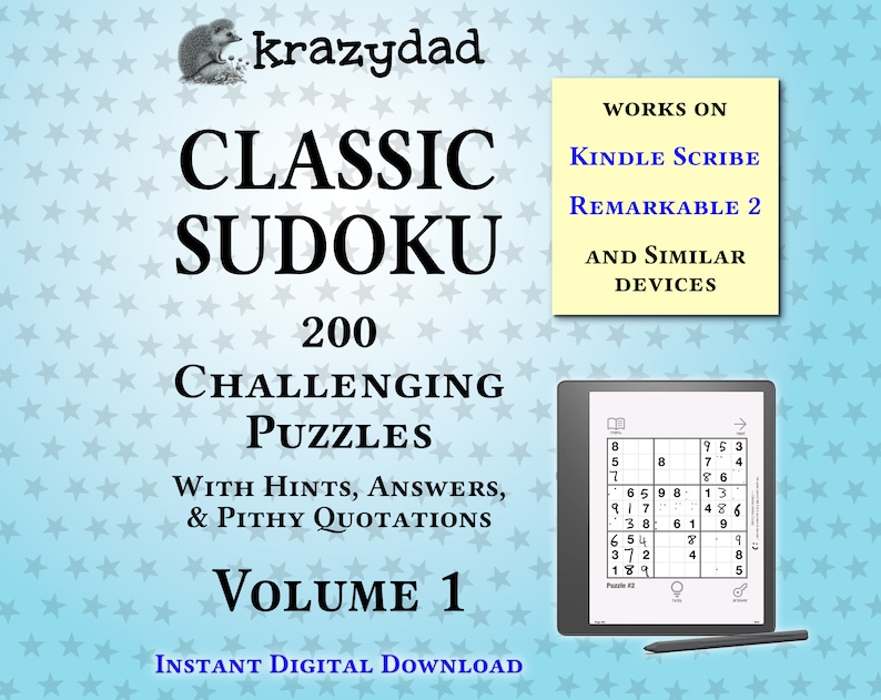 Krazydad Classic Sudoku, CHALLENGING Volume 1: 200 grilles de Sudoku pour Kindle Scribe ou Remarkable 2 image 1