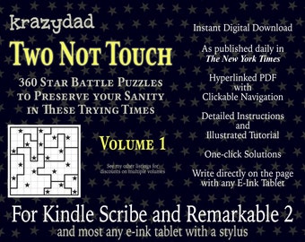 Krazydad Two Not Touch Volume 1: 360 Star Battle Puzzles for Kindle Scribe or Remarkable 2