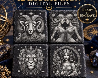 Puede incluir: Cuatro posavasos cuadrados de pizarra negra con grabados detallados en escala de grises de los signos del zodiaco: Aries, Géminis, Leo y Virgo. El texto 12 ZODIAC SIGN DIGITAL FILES y READY TO ENGRAVE es visible. Archivos digitales.