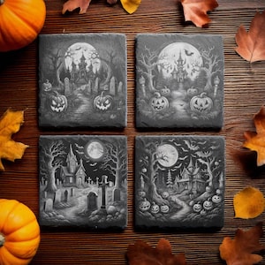 8 gruselige Halloween-Szenen - Digitale Dateien für die Lasergravur 10x10 cm Schiefer Untersetzer