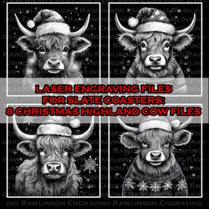 May include: Eight black and white digital files for laser engraving Christmas Highland cow designs for slate coasters. The cows are wearing Santa hats and sweaters with snowflakes.