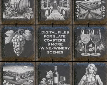 8 archivos digitales de vinos y bodegas para grabar con láser en baldosas de pizarra de 4 x 4 pulgadas