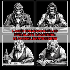 Digital Files For Laser Engraving 4x4&quot; Slate Tiles- Animal Bartenders