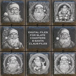 May include: Eight digital files for slate coasters featuring Santa Claus in various poses. The files are black and white and have a vintage feel.