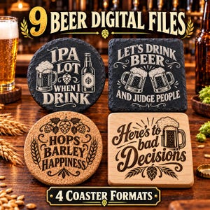 Peut inclure: Un ensemble de quatre sous-verres comprenant deux sous-verres ronds en ardoise avec des graphismes sur la bière, un sous-verre rond en liège avec des motifs de houblon et d'orge, et un sous-verre carré en bois clair avec l'inscription Here's to bad Decisions.