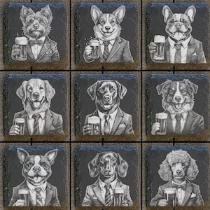 9 More Fancy Dogs Drinking Beer Digital Files For Laser Engraving 4x4&quot; Slate Tiles