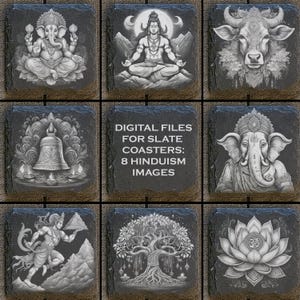 May include: Set of eight digital files for slate coasters featuring Hindu deities and symbols. Images include Ganesha, Shiva, Nandi, a bell, a tree, a lotus flower, and the Om symbol.