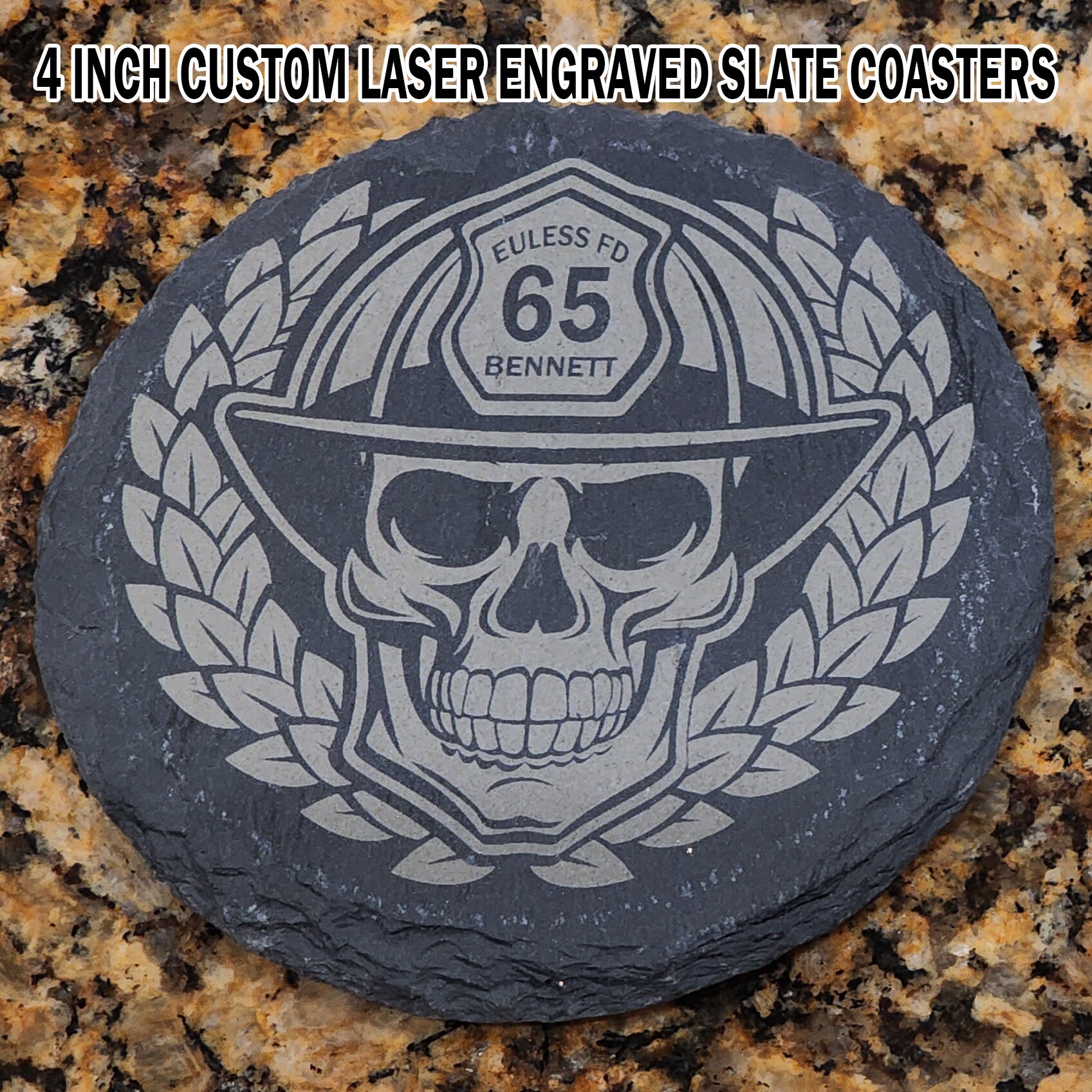 Set of Four Customized Laser Engraved Slate Coasters for Firefighters ...
