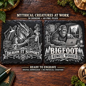 Puede incluir: Dos diseños gráficos digitales cuadrados con criaturas míticas. Uno muestra a un dragón realizando soporte técnico con el texto DRAGON IT SUPPORT. El otro muestra a Bigfoot trabajando de forma remota en una computadora con el texto BIGFOOT REMOTE WORKER.