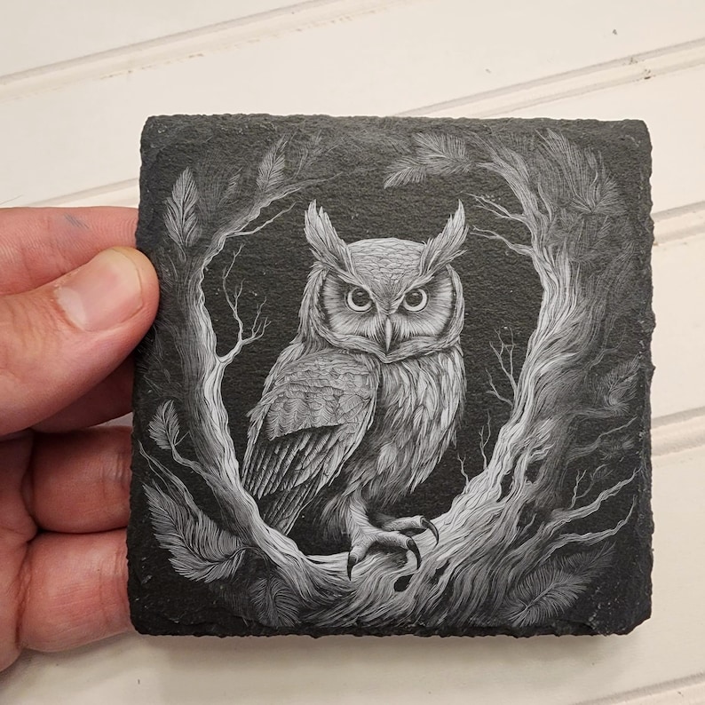 K&ouml;nnte beinhalten: Eine Schwarzwei&szlig;zeichnung eines auf einem Ast sitzenden Eulen, mit detaillierten Federn und einer realistischen Darstellung der Augen der Eule.