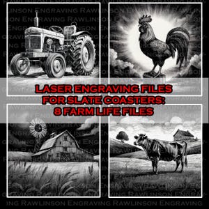 Peut inclure: Un ensemble de huit fichiers de gravure laser pour sous-verres en ardoise sur le thème de la vie à la ferme. Les fichiers comprennent des images d'un tracteur, d'un coq, d'une grange, d'un moulin à vent et d'une vache.