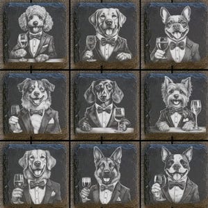 9 More Fancy Dogs Drinking Wine Digital Files For Laser Engraving 4x4&quot; Slate Tiles