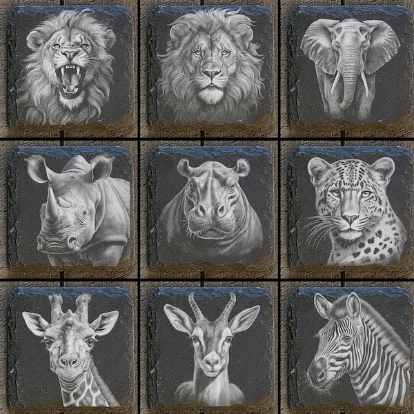 9 animali del safari africano - file digitali per incisione laser sottobicchieri in ardesia 4x4"