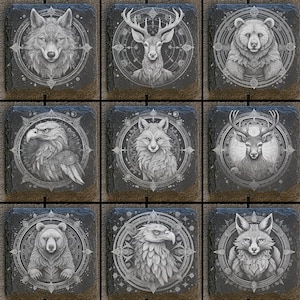 May include: Set of nine black slate coasters with a white design. Each coaster features a different animal, including a wolf, deer, bear, eagle, fox, deer, fox, and eagle. The coasters are perfect for adding a touch of nature to your home decor.