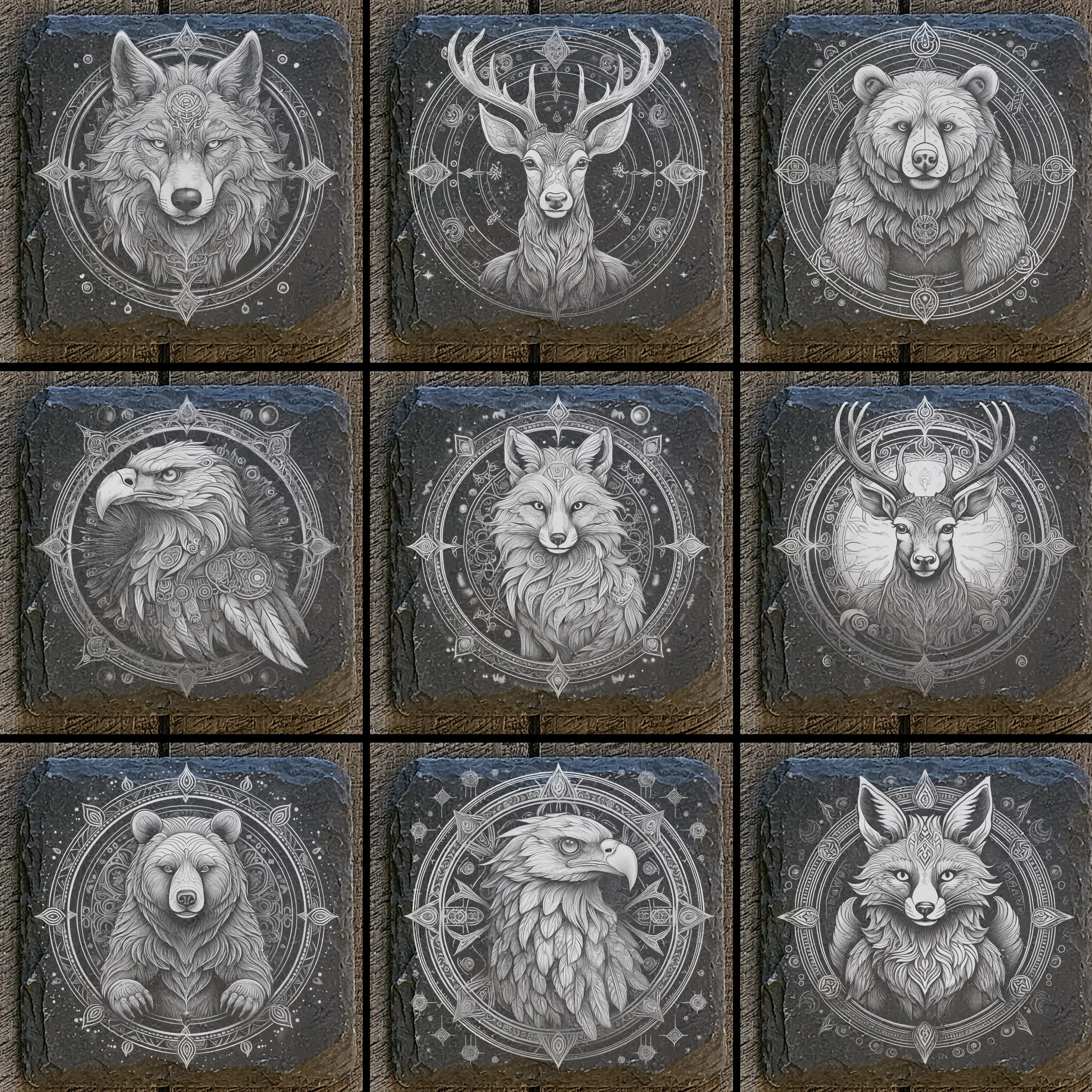 9 Mystic Wolf, Fox, Bear, and Deer Files For Laser Engraving 4x4" Slate Tiles