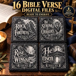 May include: Four square black slate coasters featuring white engraved Bible verses and illustrations. The designs include text reading My Rock & Fortress Psalm 18:2, Be Strong & Courageous Joshua 1:9, Rise on Wings Isaiah 40:31, and He is Risen Matthew 28:6.