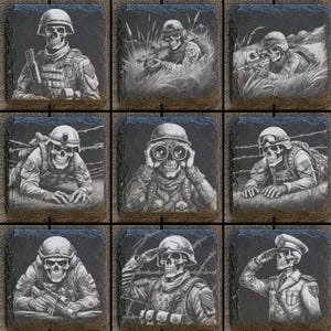 May include: Set of nine black slate coasters featuring a skull soldier design. Each coaster depicts a different soldier in a military setting, with a skull face and various weapons and gear.