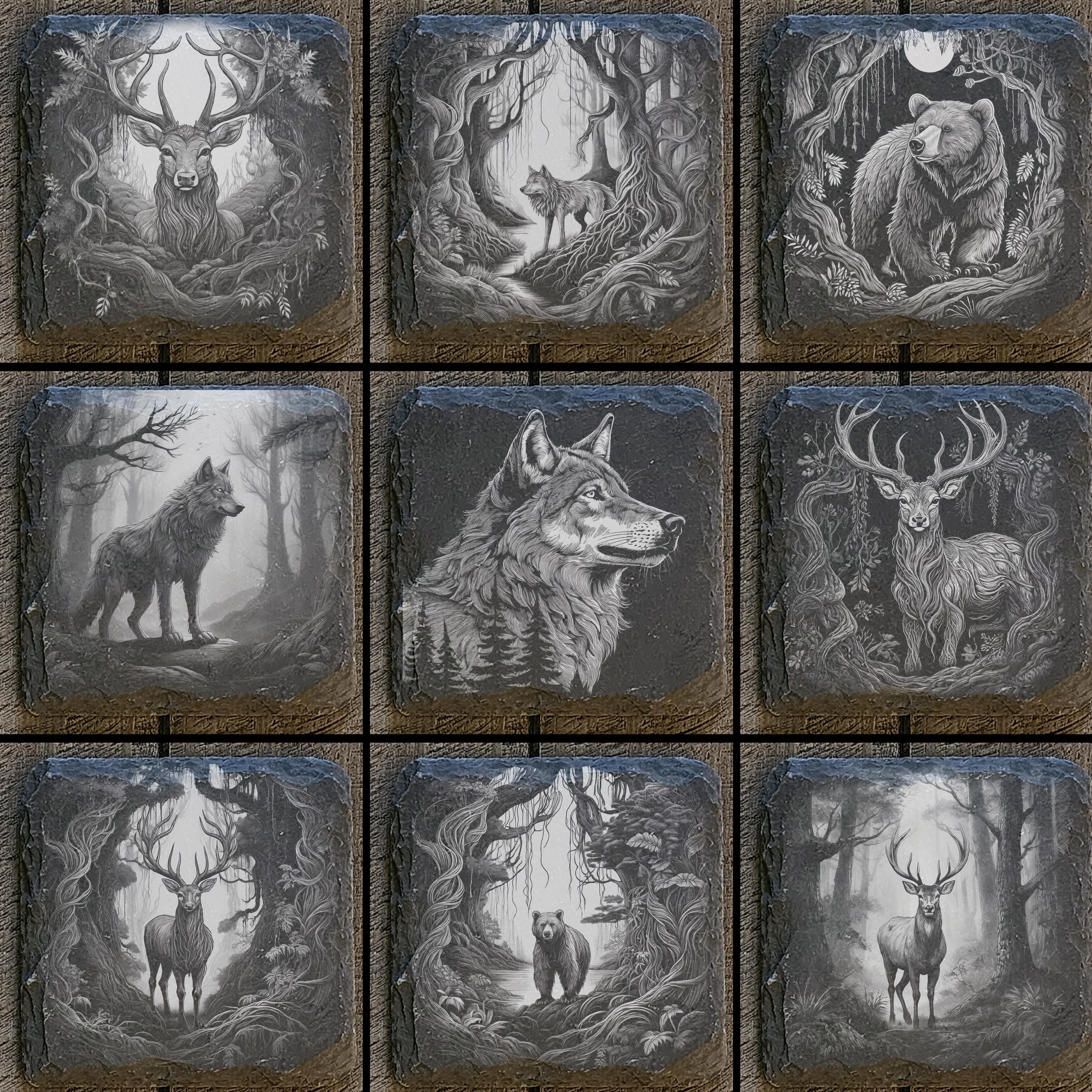 9 Woodland Wildlife Digital Files For Laser Engraving 4x4" Slate Tiles- Deer, Wolf, Bears