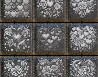 May include: Nine square slate coasters with engraved designs. The designs include hearts, roses, and floral arrangements. The coasters are in shades of gray and black, with intricate details. The coasters are arranged in a grid pattern.