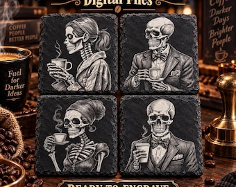 May include: Four square slate coasters featuring detailed white line art illustrations of skeletons drinking coffee. The designs include skeletons in formal attire and casual wear, each holding a coffee cup. The text reads 12 Skeletons Drinking Coffee Digital Files and Ready to Engrave.