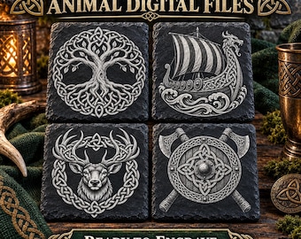 May include: Four square black slate coasters featuring white engraved designs: a Celtic tree of life, a Viking longship on waves, a deer head framed by knotwork, and a round shield with crossed axes. Text reads 16 CELTIC KNOT AND ANIMAL DIGITAL FILES.