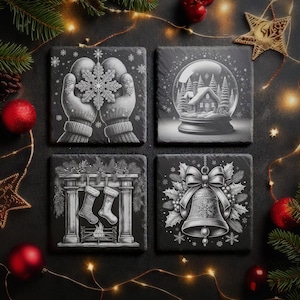 12 lindos arquivos digitais de cenas de Natal para gravação a laser em porta-copos de ardósia de 10x10 cm