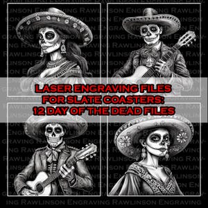 12 Día de los Muertos - Archivos digitales del Día de los Muertos para grabado láser Posavasos de pizarra de 4 x 4 pulgadas