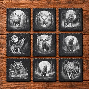 May include: A set of nine square slate coasters featuring black and white illustrations of forest animals including deer, wolves, a moose, a bear, and a raccoon, each set against a backdrop of moonlit woods and starry night skies.