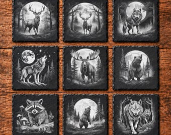 Wildlife Laser Engraving Files: Deer, Wolf, Bear Designs (4x4" Slate Tiles) (Digital Files)