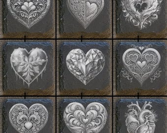 May include: Nine black slate coasters with different intricate heart designs. Each coaster features a unique heart design, including a geometric heart, a heart with a snowflake pattern, and a heart with a floral design.