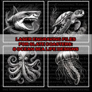 8 digitala filer med Ocean Sea Life för lasergravering, 10x10 cm skifferplattor