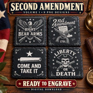 May include: Four square black slate coasters featuring white engraved designs. The designs include an eagle with rifles, a document with revolvers, a cannon with the text COME AND TAKE IT, and a skull with crossed muskets and the text LIBERTY OR DEATH.