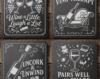 Archivos digitales de vino para grabado láser: posavasos de pizarra de 10 x 10 cm (12 diseños)