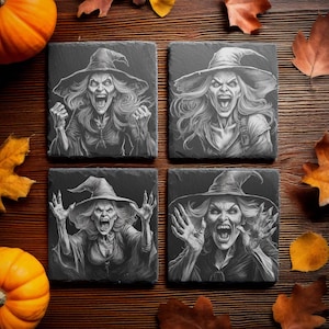 May include: Set of four black slate coasters featuring a black and white illustration of a witch with a pointed hat and flowing hair. Each coaster has a different witch with a different expression.