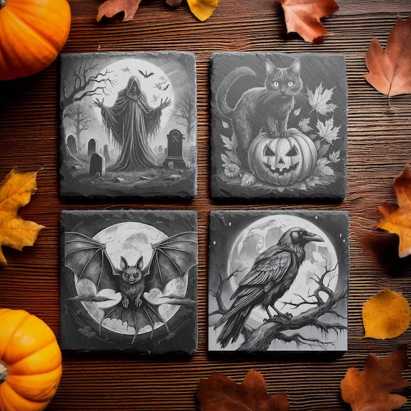 Paquete de 12 limas de Halloween para grabado láser en pizarra de 10 x 10 cm