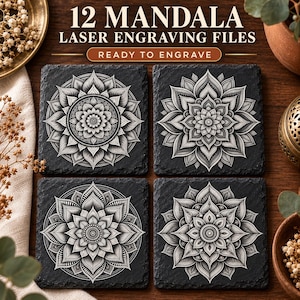 May include: Four square black slate coasters featuring intricate white mandala engravings. The text at the top reads 12 MANDALA LASER ENGRAVING FILES and READY TO ENGRAVE. Each coaster displays a unique, symmetrical floral pattern with detailed petals.