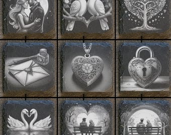 May include: Set of nine black slate coasters with various romantic designs, including a couple, doves, a tree, a locket, a padlock, and a couple sitting on a bench under a moon.