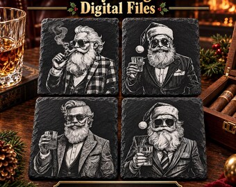12 Whiskey and Cigar Santa Christmas Digital Files For Laser Engraving 4x4" Slate Coasters