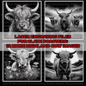 May include: Four black and white images of Highland cows. The images are for laser engraving files for slate coasters. The text "LASER ENGRAVING FILES FOR SLATE COASTERS: 12 MORE HIGHLAND COW IMAGES" is in red text on a black background.