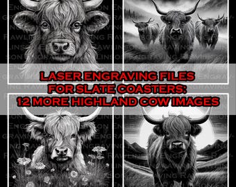 12 more Highland Cow Digital Files For Laser Engraving 4x4&quot; Slate Tiles